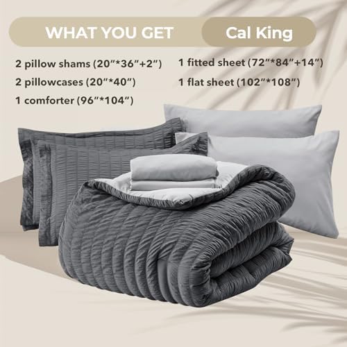 HYMOKEGE Dark Grey/Light Grey California King Comforter Set Seersucker 7 Pieces - Image 5