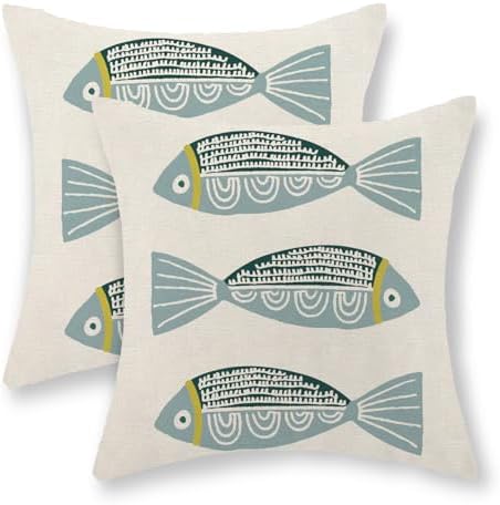 Coastal Pillow Covers 16x16 Inch Set of 2 Ocean Beach Blue Fish Throw Pillows by GOLIANDA