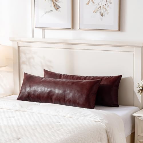 Fancy Homi Burgundy Boho Long Lumbar Faux Leather Body Decorative Throw Pillow - Image 4
