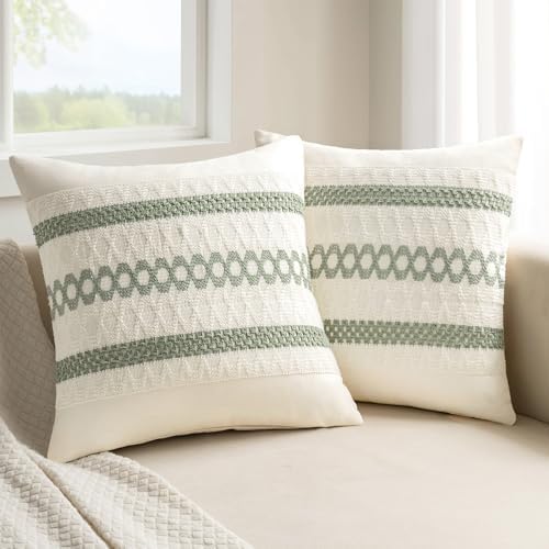 MIULEE Set of 2 Sage Green Boho Decorative Pillow Covers 18x18 Inch by MIULEE