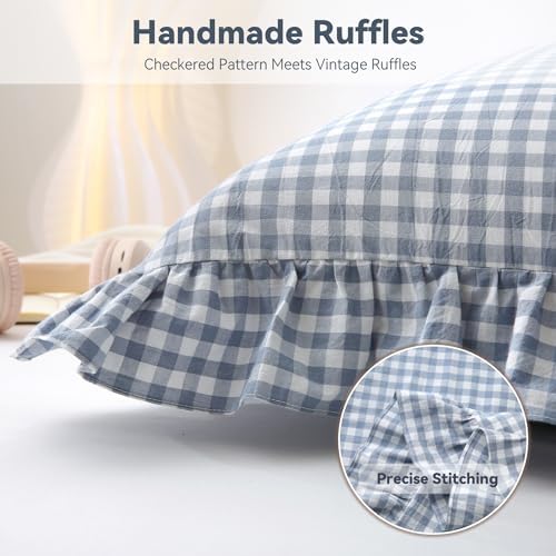 Dusty Blue Gingham Body Pillow Cover 20x54, Ruffled Cotton Sham - Image 4