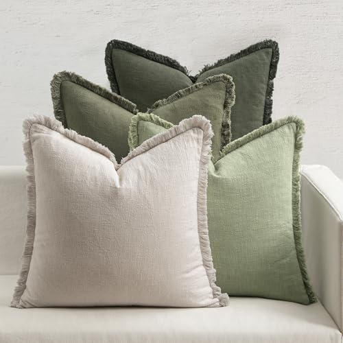 MIULEE Fall Linen Fringe Pillow Covers Set of 4 24x24 Beige/Sage Green by MIULEE