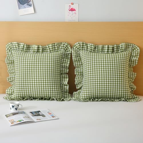 Silnuo Olive Green/White Gingham Plaid Ruffle Throw Pillow Covers 20"x20" - Image 7