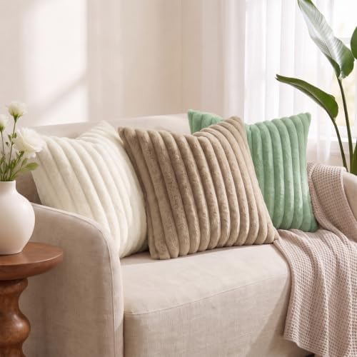 decorUhome Fall Faux Fur Throw Pillow Covers 20x20 Set of 2 Cream White - Image 2