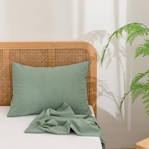 BESTOUCH Washed Cotton Pillowcases Linen Feel Green King - Image 2