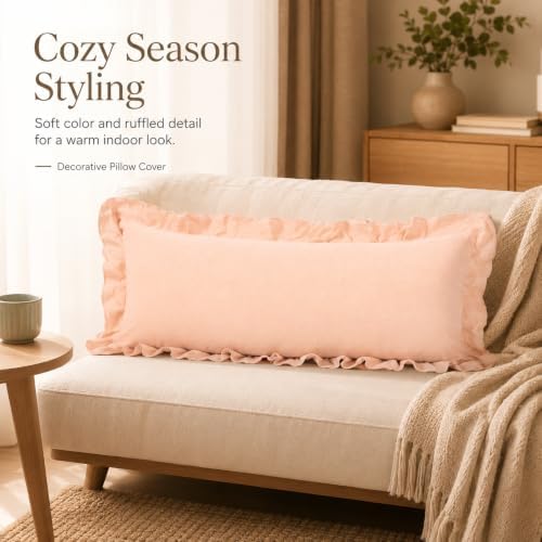 JoraLion Ruffled Lumbar Pillow Cover 14x36 Solid Blush Pink - Image 5