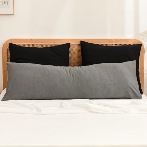 BESTOUCH Washed Cotton Pillowcases Linen Feel Deep Black Euro - Image 3