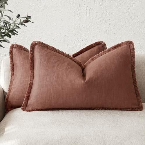 Foindtower Boho Linen Fringe Lumbar Throw Pillow Covers 12×20 Rust Red by Foindtower