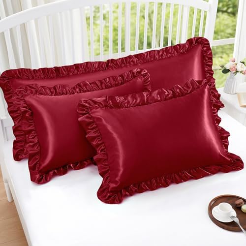 Homiest Burgundy Ruffle Satin Pillowcase Set of 2 - Image 5