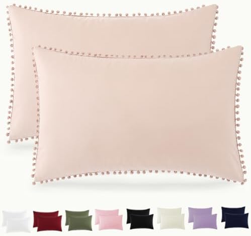 Pom Poms Pillow Shams Standard Size Set of 2, Taupe Decorative Pillowcases by HommxJF