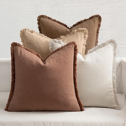 MIULEE Fall Linen Fringe Pillow Covers Set of 4 20x20 Beige/Brown by MIULEE