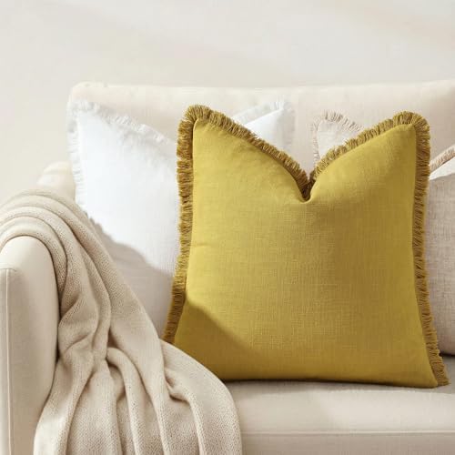 decorUhome Linen Fringe Mustard Yellow Throw Pillow Covers 20x20 Set of 2 - Image 7