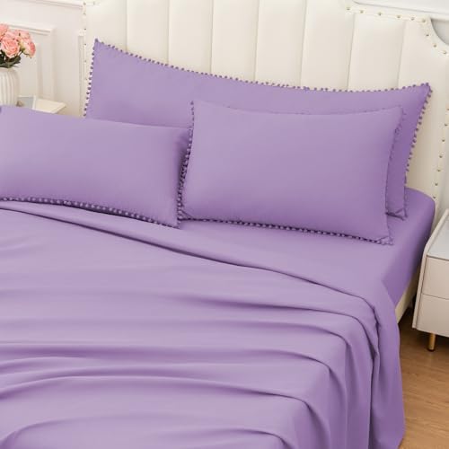 Pom Poms Pillow Shams King Size Set of 2, Light Purple Decorative Pillowcases - Image 2
