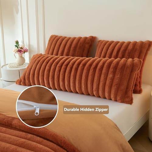 MEGO Fluffy Faux Rabbit Fur Ribbed Body Pillow Cover 20x54, Burnt Orange - Image 5