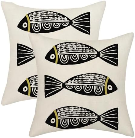 Coastal Pillow Covers 18x18 Inch Set of 2 Ocean Beach Black Fish Throw Pillows by GOLIANDA