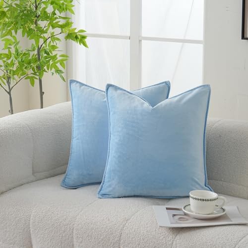 Velvet Light Blue Throw Pillow Covers 20”x20”Pack of 2 Soft Decorative by JIAHANNHA