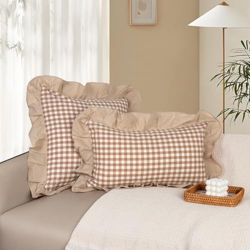 JoraLion Ruffled Throw Pillow Cover 18x18 Gingham Khaki Solid Edge - Image 2
