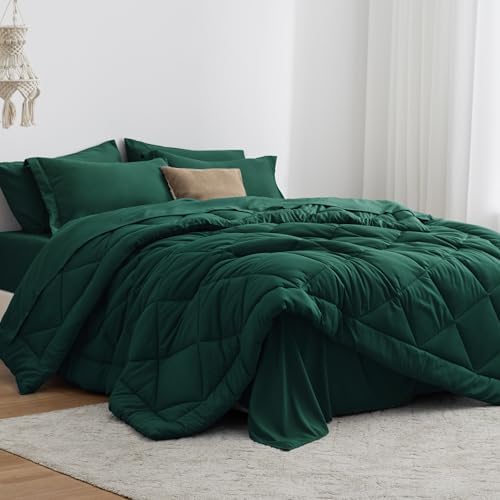 Love's cabin King Size Comforter Set Dark Green, 7 Pieces King Bed in a Bag by Lovescabin
