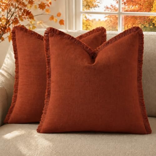 decorUhome Linen Fringe Rust Throw Pillow Covers 16x16 Set of 2 by decorUhome