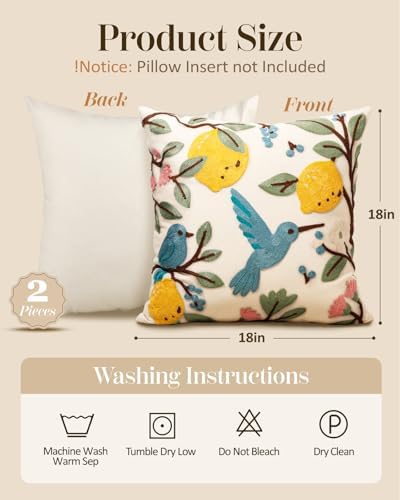 Embroidered Throw Pillow Covers 18x18 Inch, Bird Lemon - Image 4