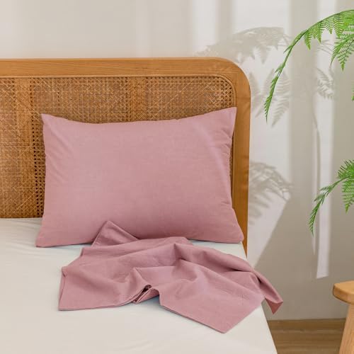 BESTOUCH Washed Cotton Pillowcases Linen Feel Red Pink Queen - Image 2