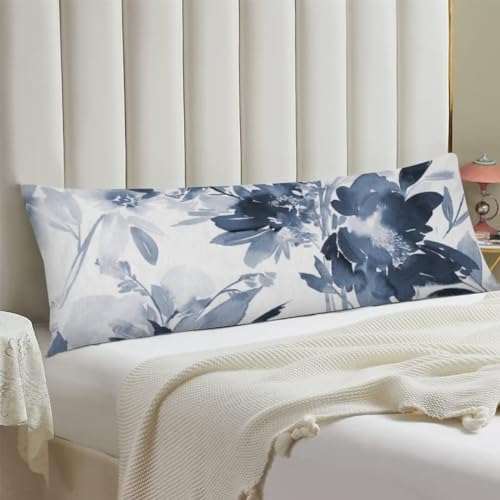 Florals Body Pillow Cover Navy Watercolor Flowers Long Pillow Case - Image 2
