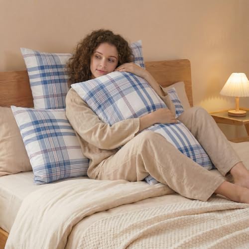 Merryword 100% Cotton Pillow Cases, King Size, Washed Cotton Dusty Blue Plaid - Image 5