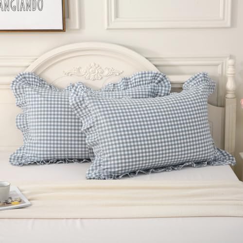 Silnuo Light Blue Plaid Gingham Ruffle Pillow Shams King Size Set of 2 - Image 2