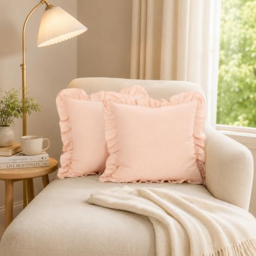 JoraLion Ruffled Throw Pillow Cover 18x18 Solid Blush Pink - Image 5