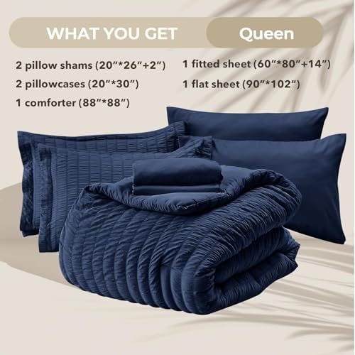 HYMOKEGE Navy Blue Queen Comforter Set Seersucker 7 Pieces, All Season Luxury - Image 6