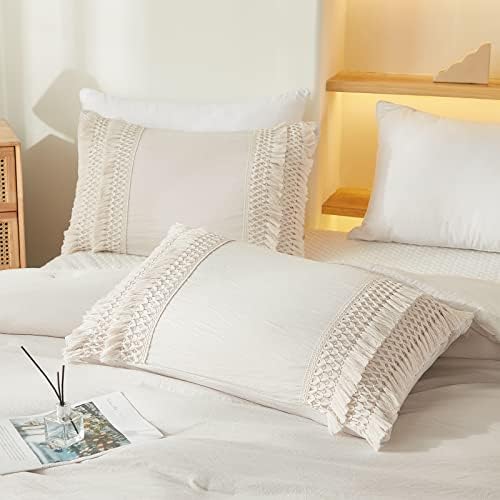 Beige Gray Tassel Pillowcases, Cream Boho Pillow Cases Set of 2, 100% Washed by MOVEOVER