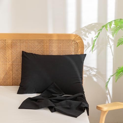 BESTOUCH Washed Cotton Pillowcases Linen Feel Deep Black Queen - Image 2