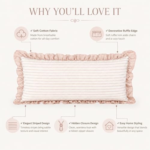 JoraLion Ruffled Lumbar Pillow Cover 14x36 Striped Beige - Image 4