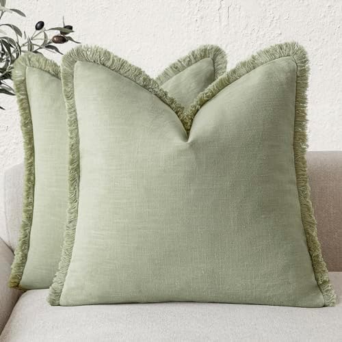 Foindtower Decorative Linen Fringe Throw Pillow Covers 20×20 Light Green by Foindtower