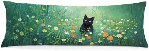Floral Black Cat 20x54 Body Pillow Cover, Cats Lovers Lady Gifts, Cat Gifts by Unknown