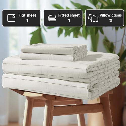 SONORO KATE 100% French Linen Queen Size Sheets Set, Natural Flax Bedding - Image 7