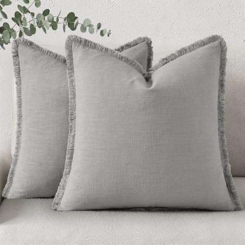 decorUhome Linen Fringe Light Grey Throw Pillow Covers 20x20 Set of 2 by decorUhome
