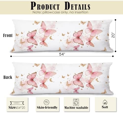 Pink Butterfly 20x54 Body Pillow Cover, Preppy Girly Room Decor Aesthetic - Image 2