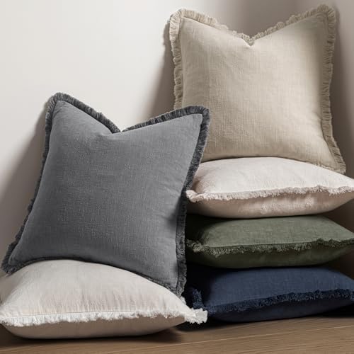 MIULEE Boho Linen Fringe Decorative Throw Pillow Covers Grey 18x18 - Image 5