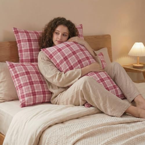 Merryword 100% Cotton Pillow Cases, Queen Size, Washed Cotton Dusty Red Plaid - Image 5