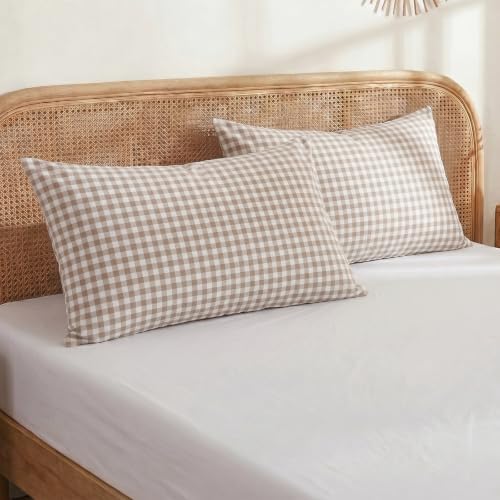 Merryword 100% Cotton Pillow Cases, King Size, Taupe Gingham Pillowcases - Image 3