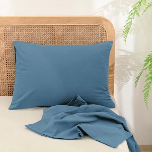 BESTOUCH Washed Cotton Pillowcases Linen Feel Dark Blue Standard - Image 3