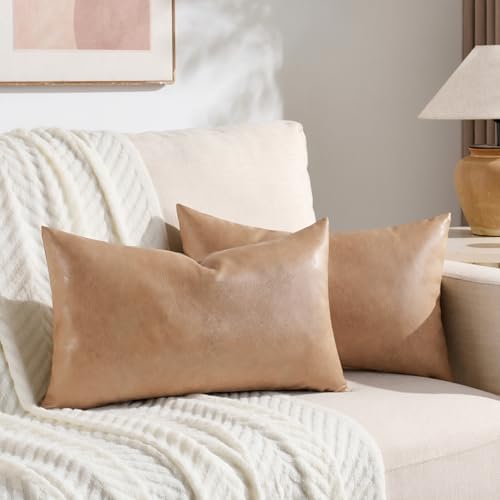 Fancy Homi Tan Long Lumbar Faux Leather Body Decorative Throw Pillow Cover - Image 2