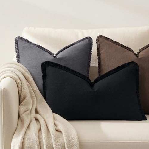 decorUhome Linen Fringe Black Throw Pillow Covers 12x20 Set of 2 - Image 4