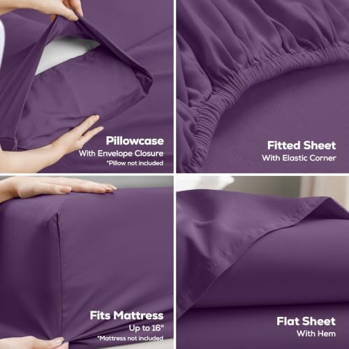 King Sheets Set, 4 Pieces 16" Deep Pocket Hotel Luxury Bedsheets, Egg Plant - Image 3