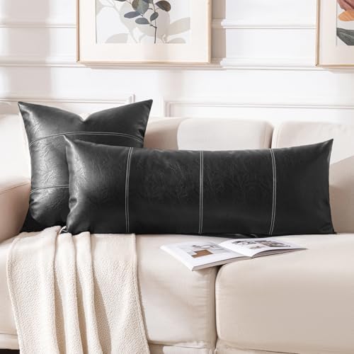 Fancy Homi Black Boho Long Lumbar Faux Leather Decorative Throw Pillow Covers - Image 5