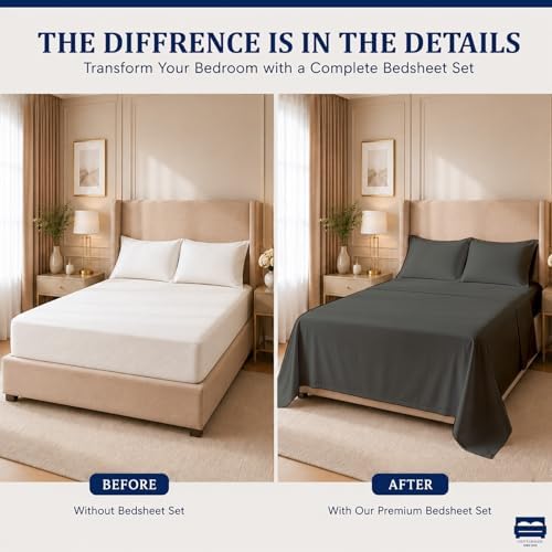 Cottingon 4 Piece King Sheets Fits 16" Deep, Egyptian Cotton, Dark Grey - Image 4