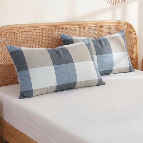 Merryword 100% Cotton Pillow Cases, Standard Size, Washed Cotton Gray Check - Image 3