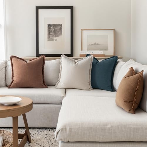 MIULEE Fall Linen Fringe Pillow Covers Set of 4 20x20 Beige/Brown/Blue - Image 4
