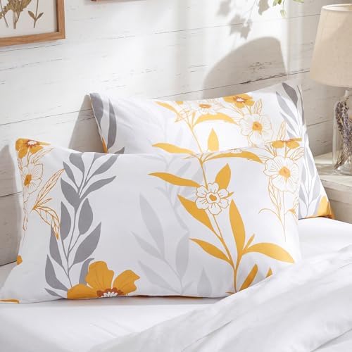 Bedorm 100% Cotton Pillowcases King Size Set of 2 Yellow Floral Pillow Covers - Image 3